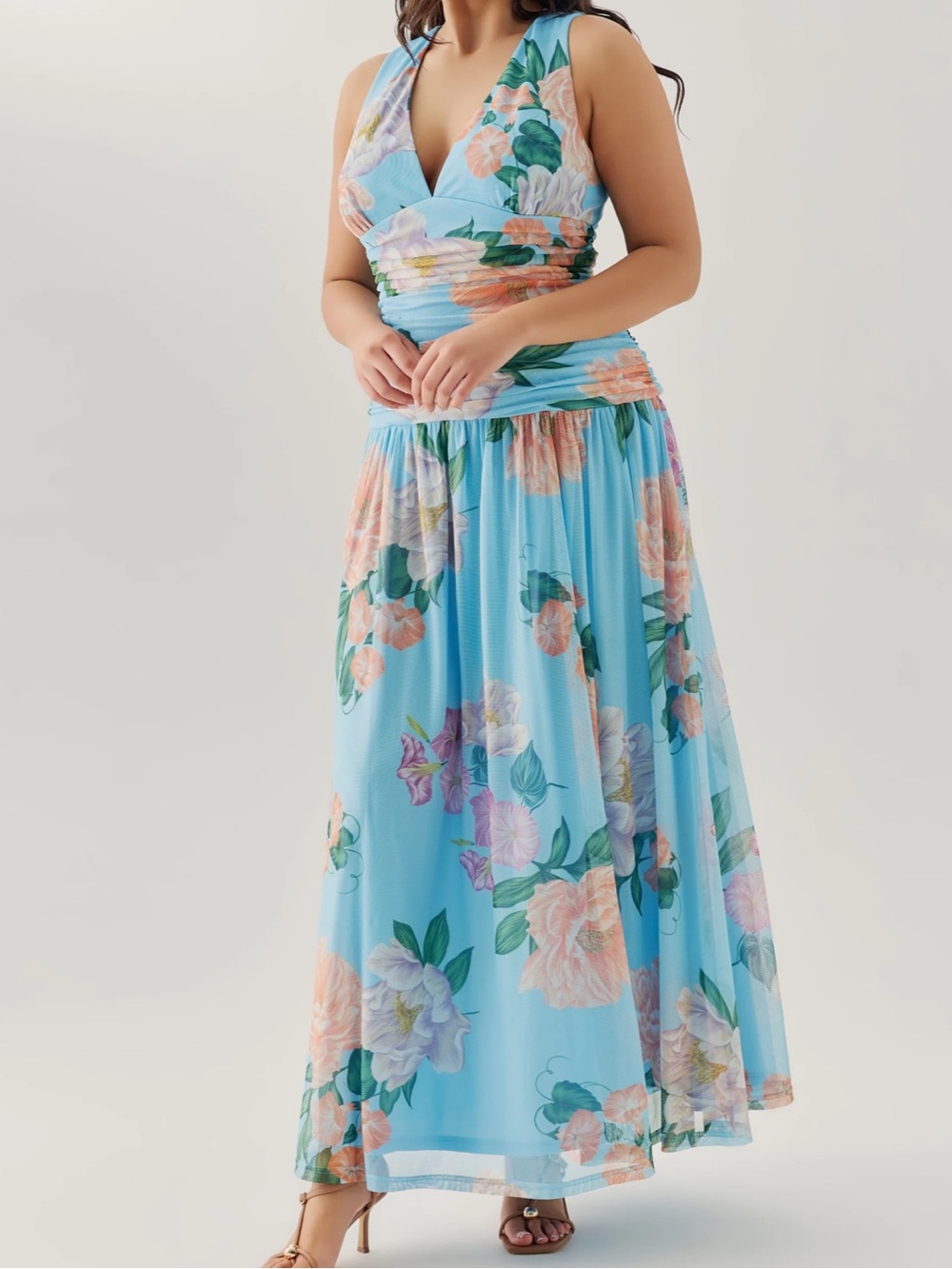 Hutch Jadey Floral Ruched Waist Maxi Dress Women’s 1X Blue Pink V Neck NWT